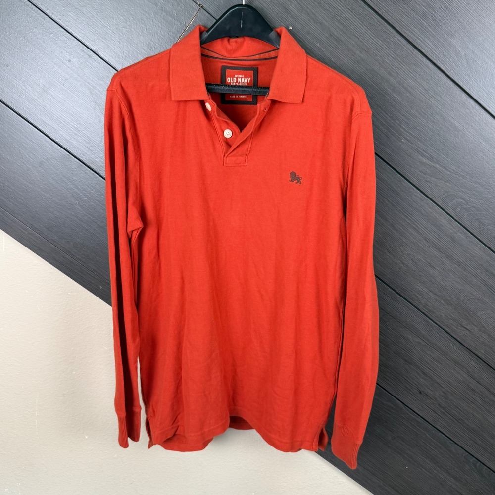 Old Navy Men's Med Orange Long Sleeve Polo Shirt Lion Logo Preppy Colliegiate
